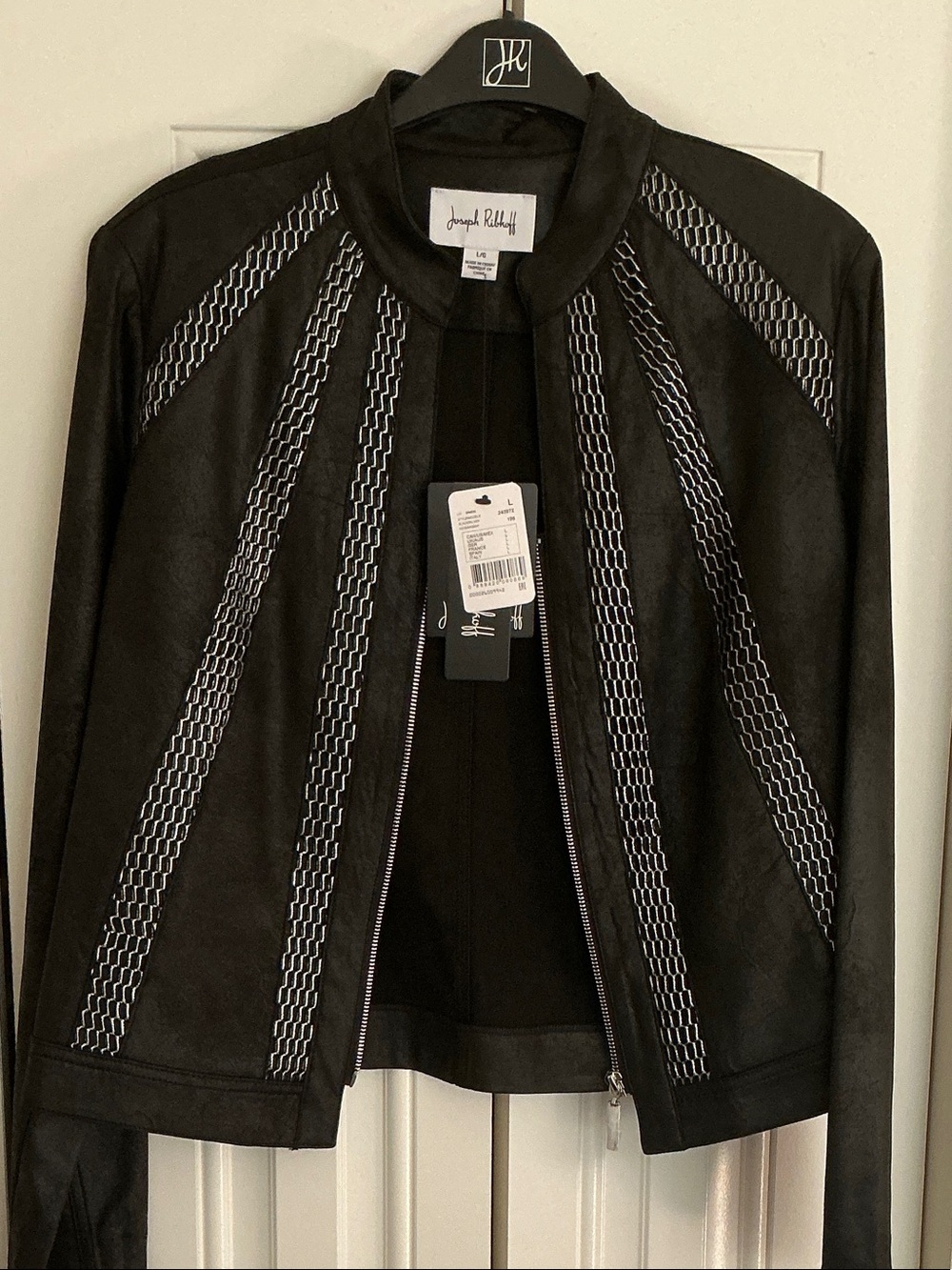 NEW! Joseph Ribkoff Black Faux-Suede Zip Jacket with metallic mesh size L